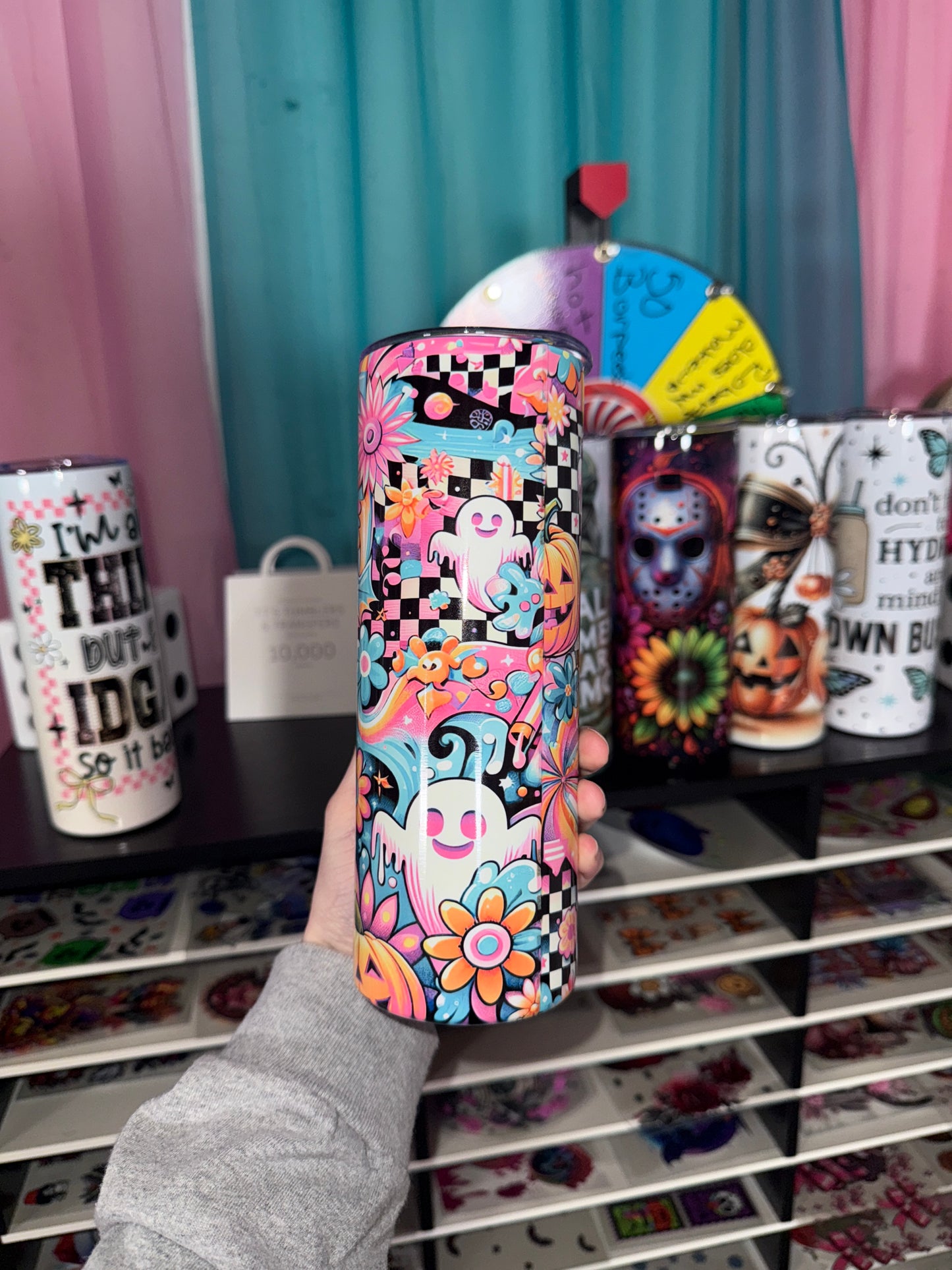 Neon Checkered Ghost Sublimation Tumbler