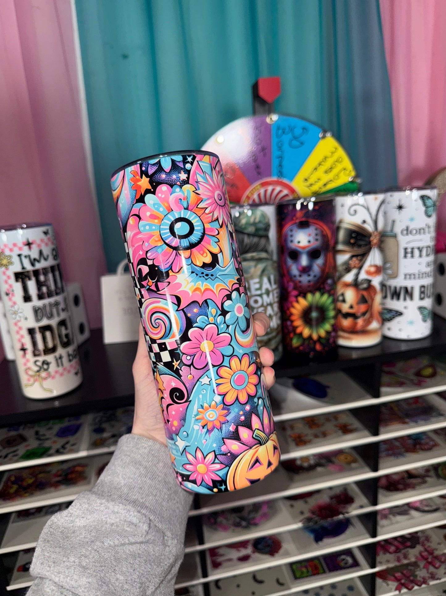 Neon Checkered Ghost Sublimation Tumbler