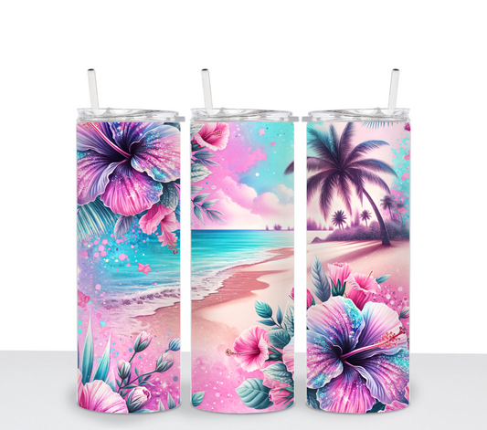 Pink Blue Beach Sublimation Tumbler Transfer