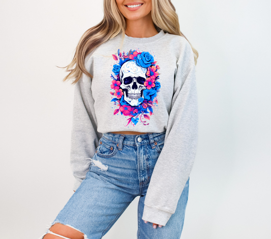 PINK AND BLUE FLORAL SKULL - DTF TRANSFER